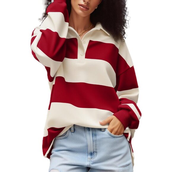 Tops - Women Polo Shirt Oversized Long Sleeve Striped Y2K Collared Jersey Sweater
